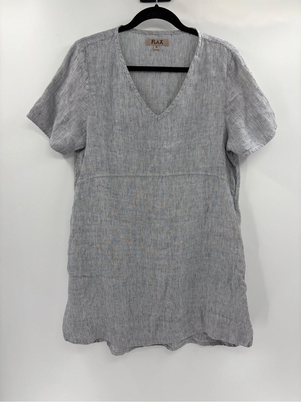 Flax linen Laganlook bohemian stripe grey shift v-neck pockets midi dress small